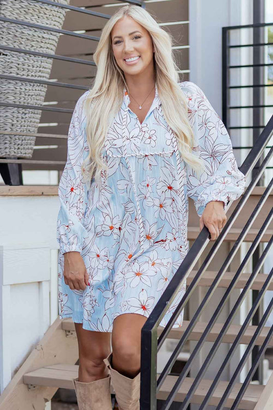 Brown Floral Print Tie Neck 3/4 Sleeve Mini Dress