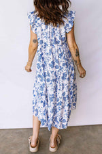 Blue Ruffled Short Sleeve Tiered Floral Midi Dress