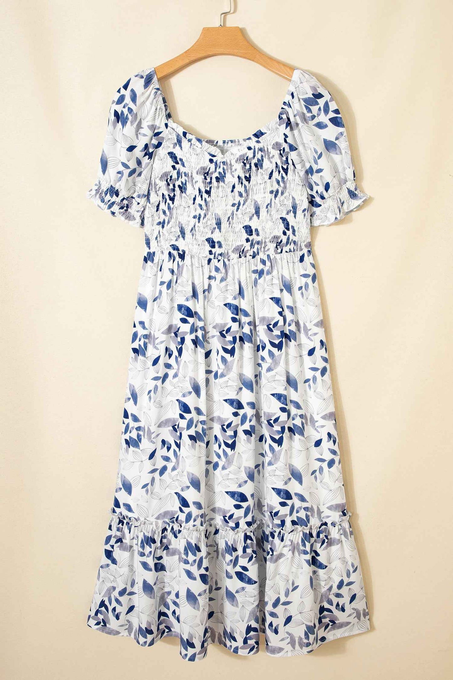 Sky Blue Smocked Bodice Short Puff Sleeve Tiered Floral Midi Dress