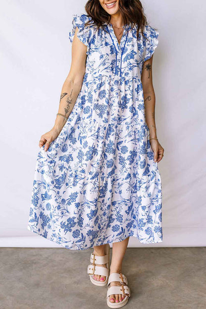 Blue Ruffled Short Sleeve Tiered Floral Midi Dress