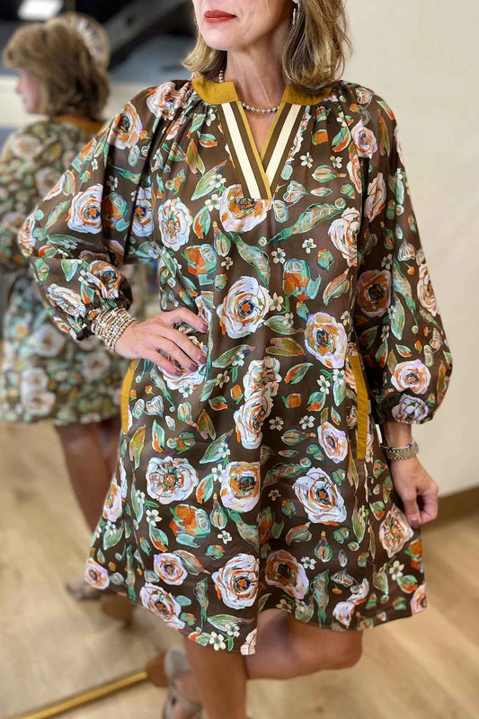 Brown Floral Print Contrast Trim V Neck Pocketed Long Sleeve Mini Dress