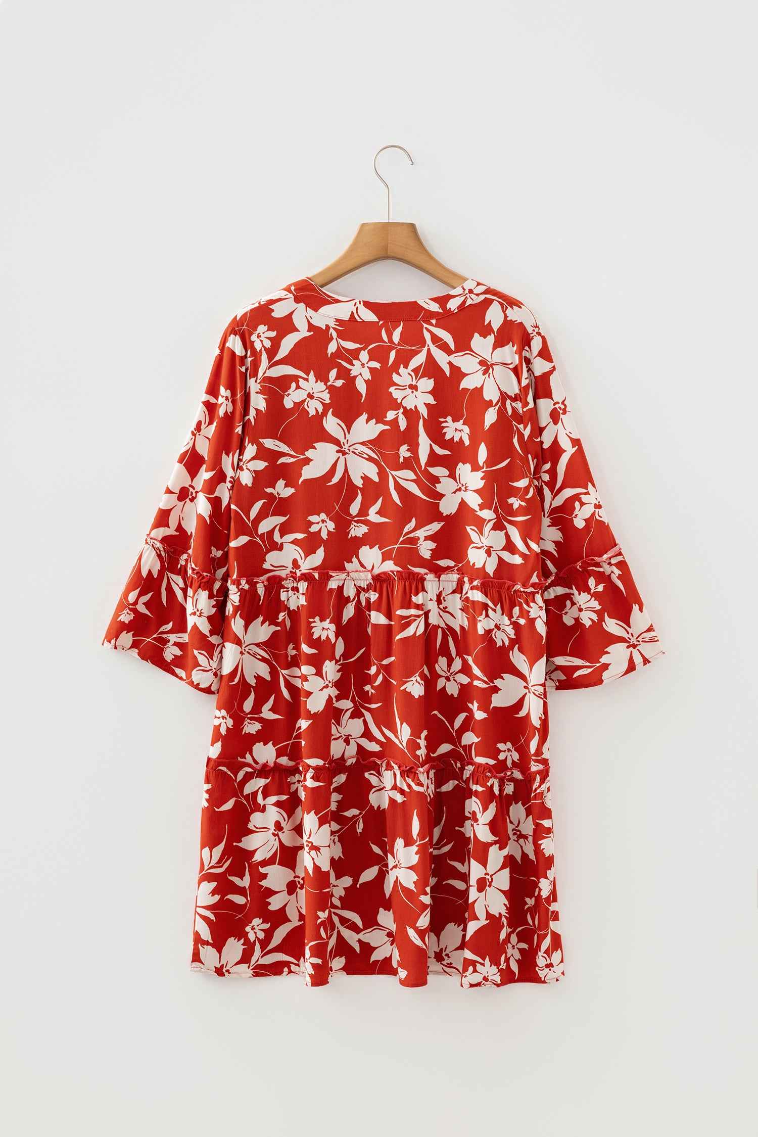 Red Boho Floral Print Lettuce Trim 3/4 Sleeve Mini Dress