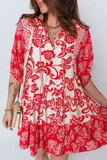 Red Collared V Neck Half Sleeve Loose Flower Mini Dress