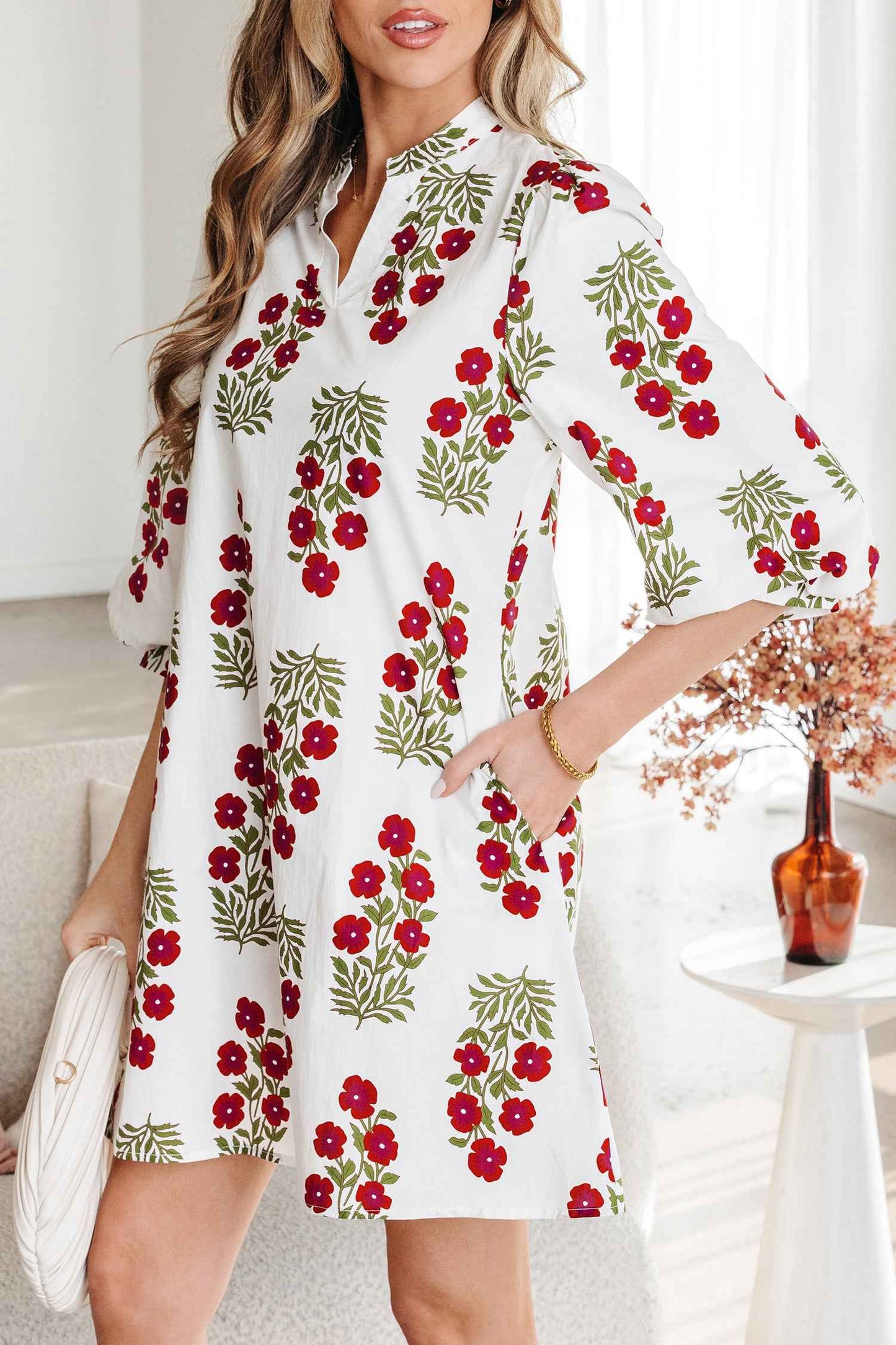 White Floral Print V Neck 3/4 Sleeve Loose Mini Dress