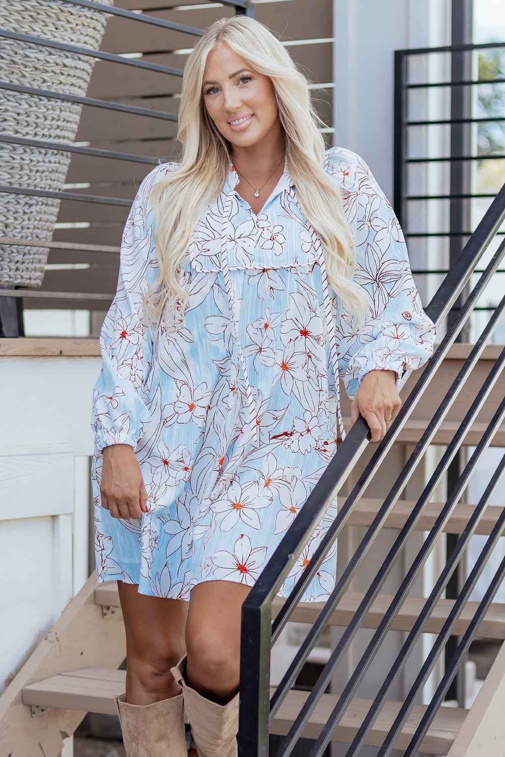 Brown Floral Print Tie Neck 3/4 Sleeve Mini Dress