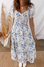 Sky Blue Smocked Bodice Short Puff Sleeve Tiered Floral Midi Dress