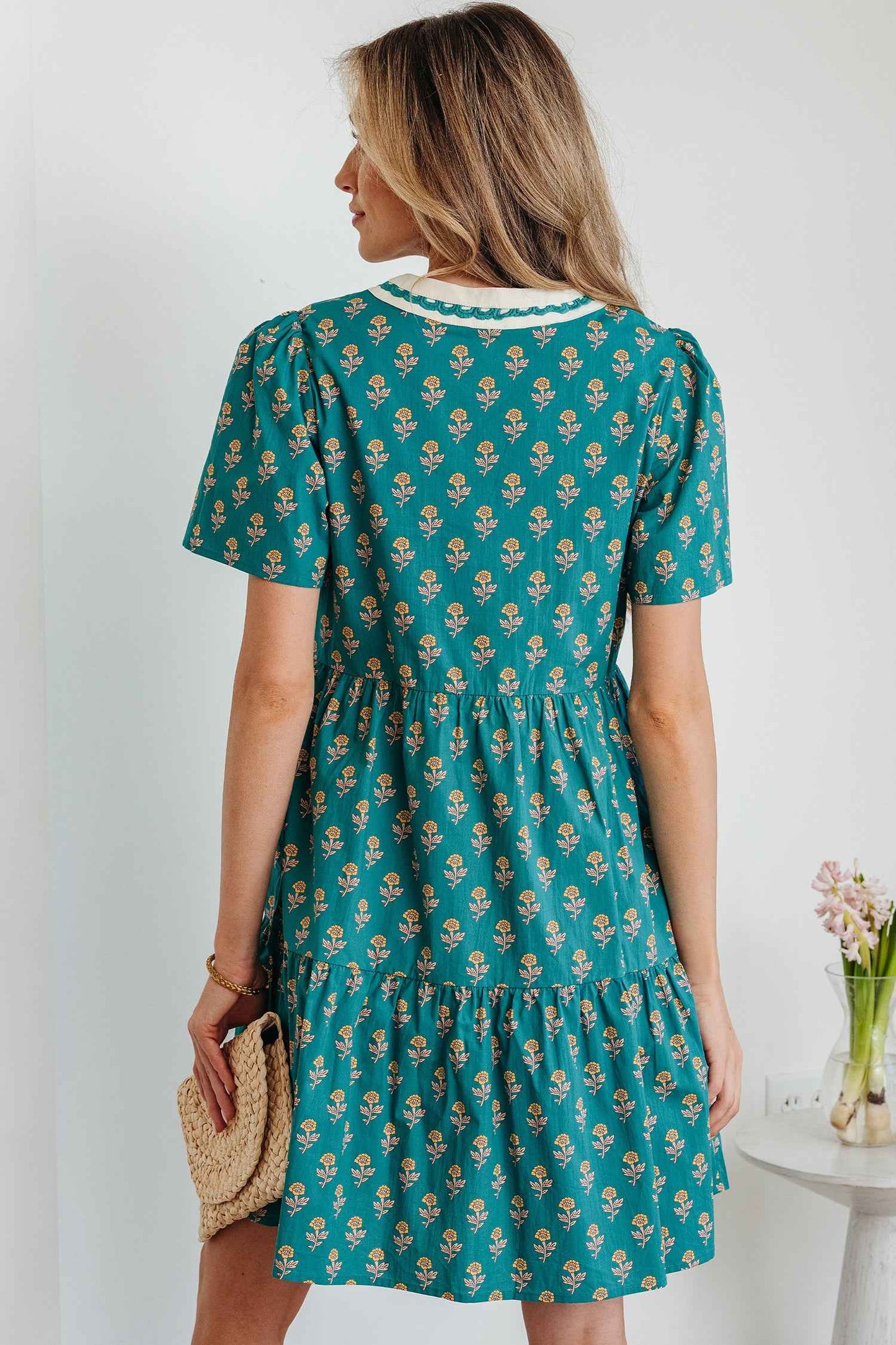 Green Contrast Trim V Neck Short Sleeve Floral Dress