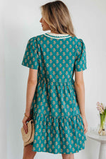 Green Contrast Trim V Neck Short Sleeve Floral Dress