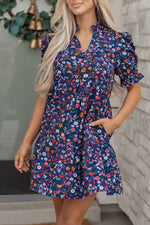Blue Wild Daisy Floral Split Neck Short Puff Sleeve Mini Dress - MarkoFit