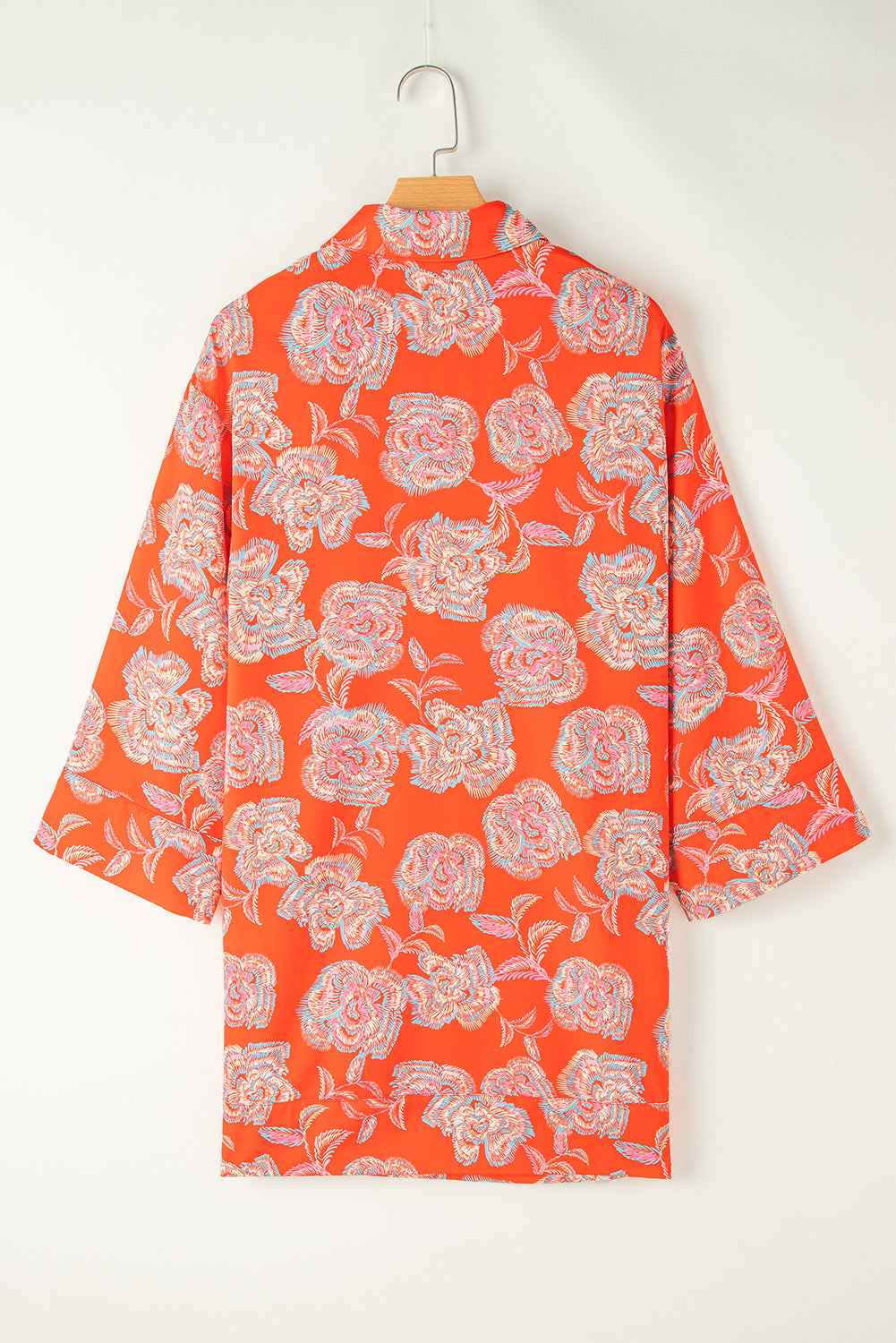 Red Floral Print Lapel Collar Loose Shirt Mini Dress