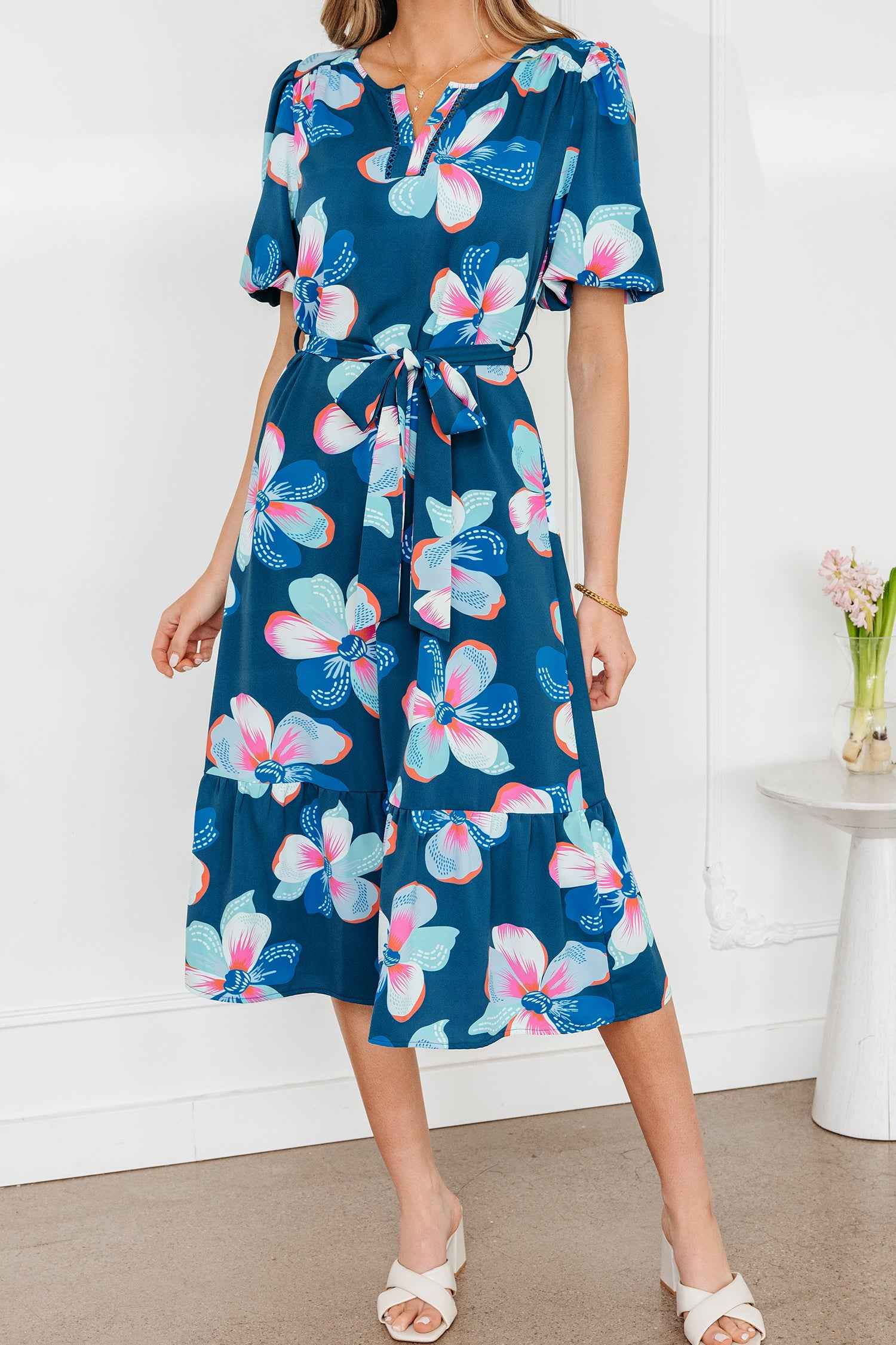 Blue Floral Print Short Puff Sleeve Ruffle Hem Belted Long Dress