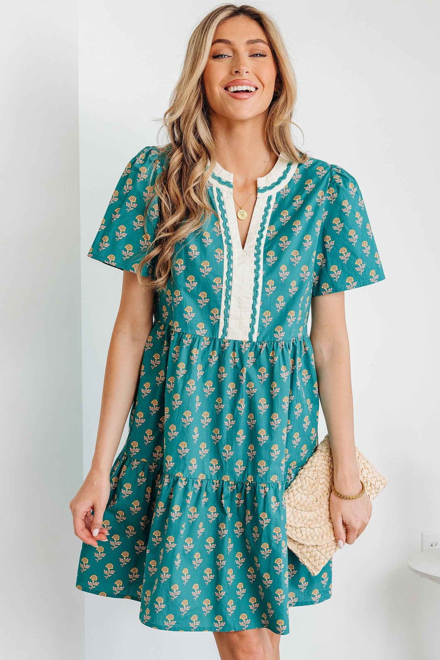 Green Contrast Trim V Neck Short Sleeve Floral Dress