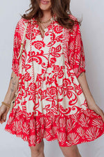 Red Collared V Neck Half Sleeve Loose Flower Mini Dress