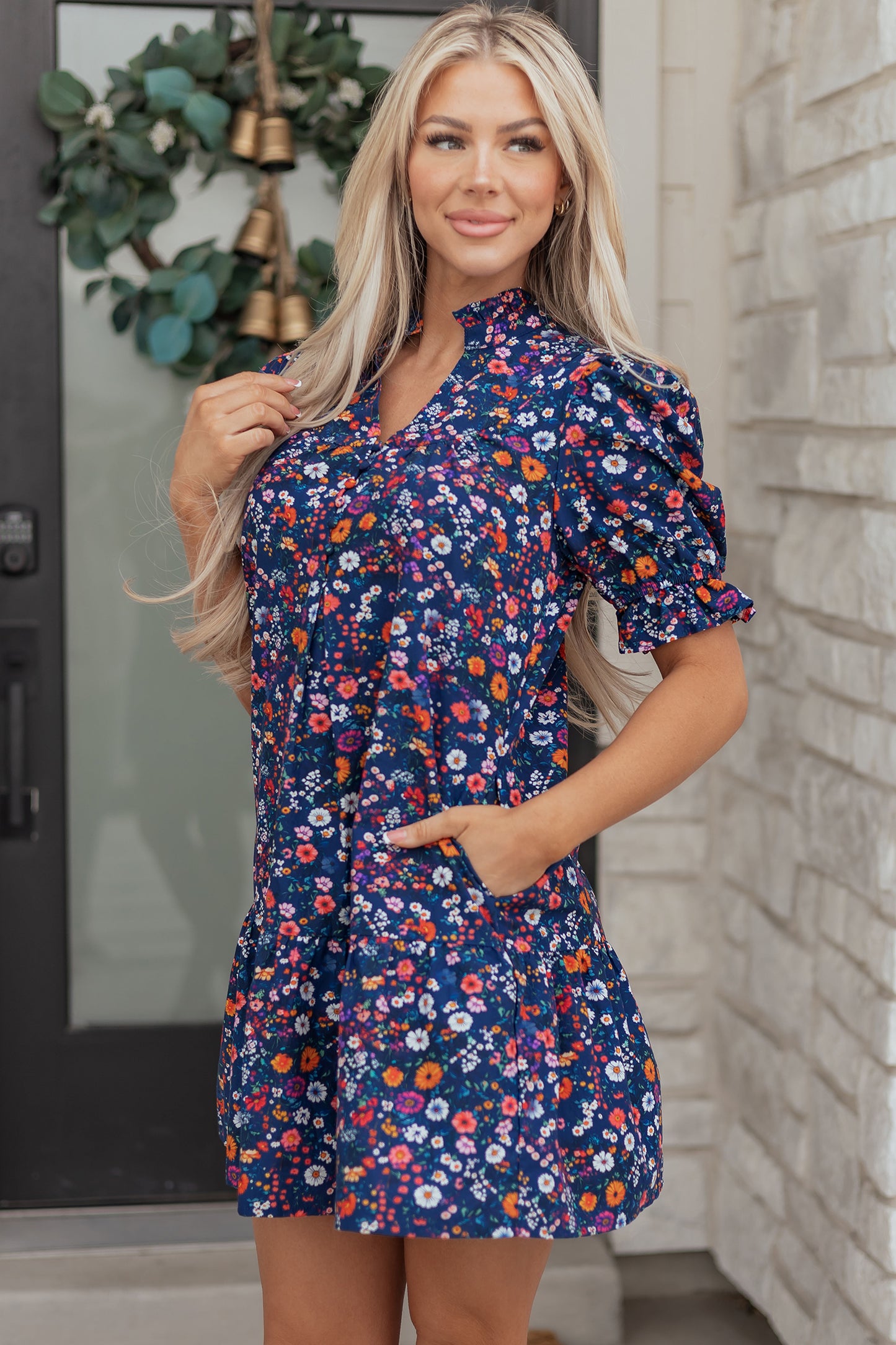 Blue Wild Daisy Floral Split Neck Short Puff Sleeve Mini Dress - MarkoFit
