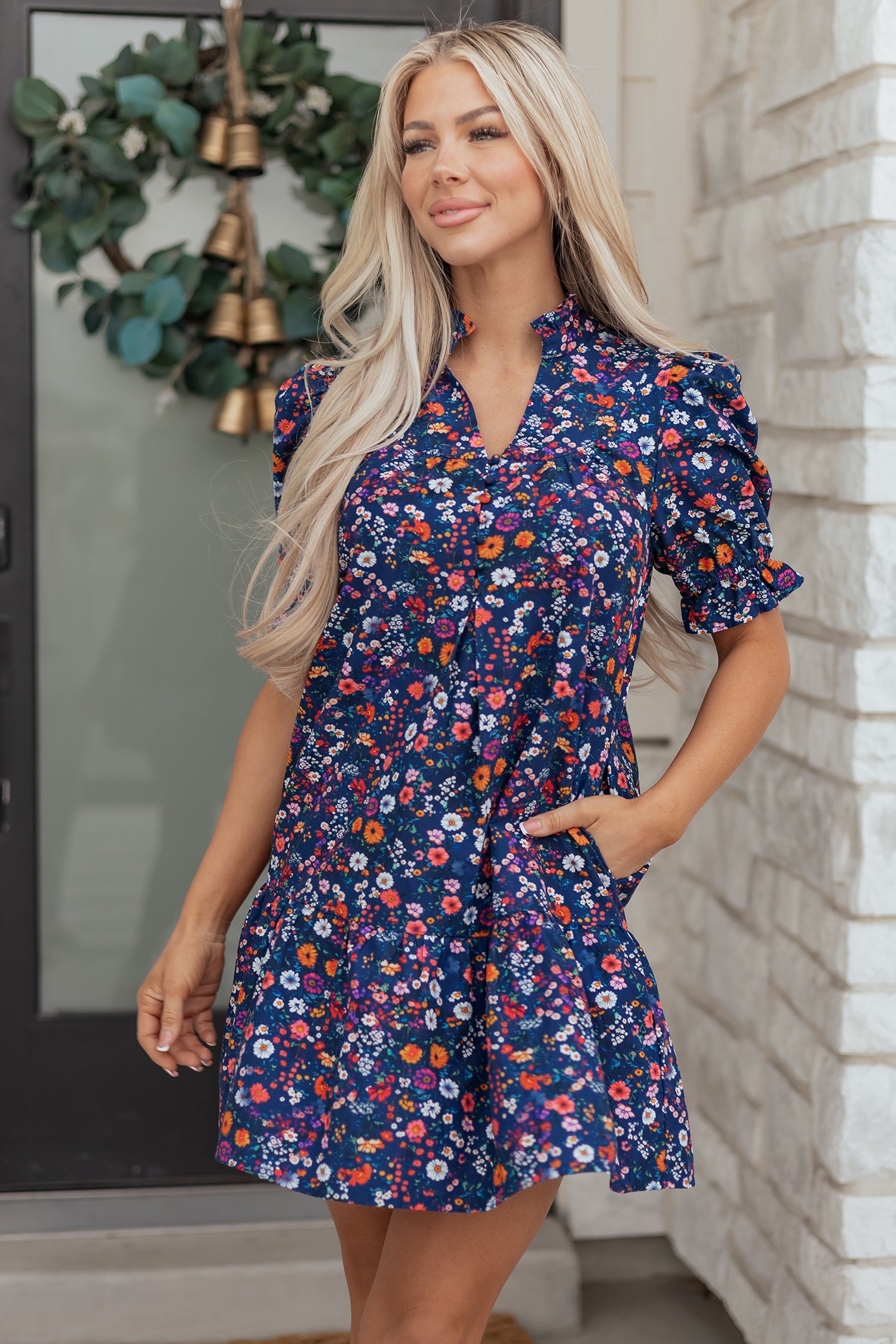 Blue Wild Daisy Floral Split Neck Short Puff Sleeve Mini Dress - MarkoFit