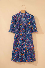 Blue Wild Daisy Floral Split Neck Short Puff Sleeve Mini Dress