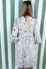 Brown Floral Print Tie Neck 3/4 Sleeve Mini Dress