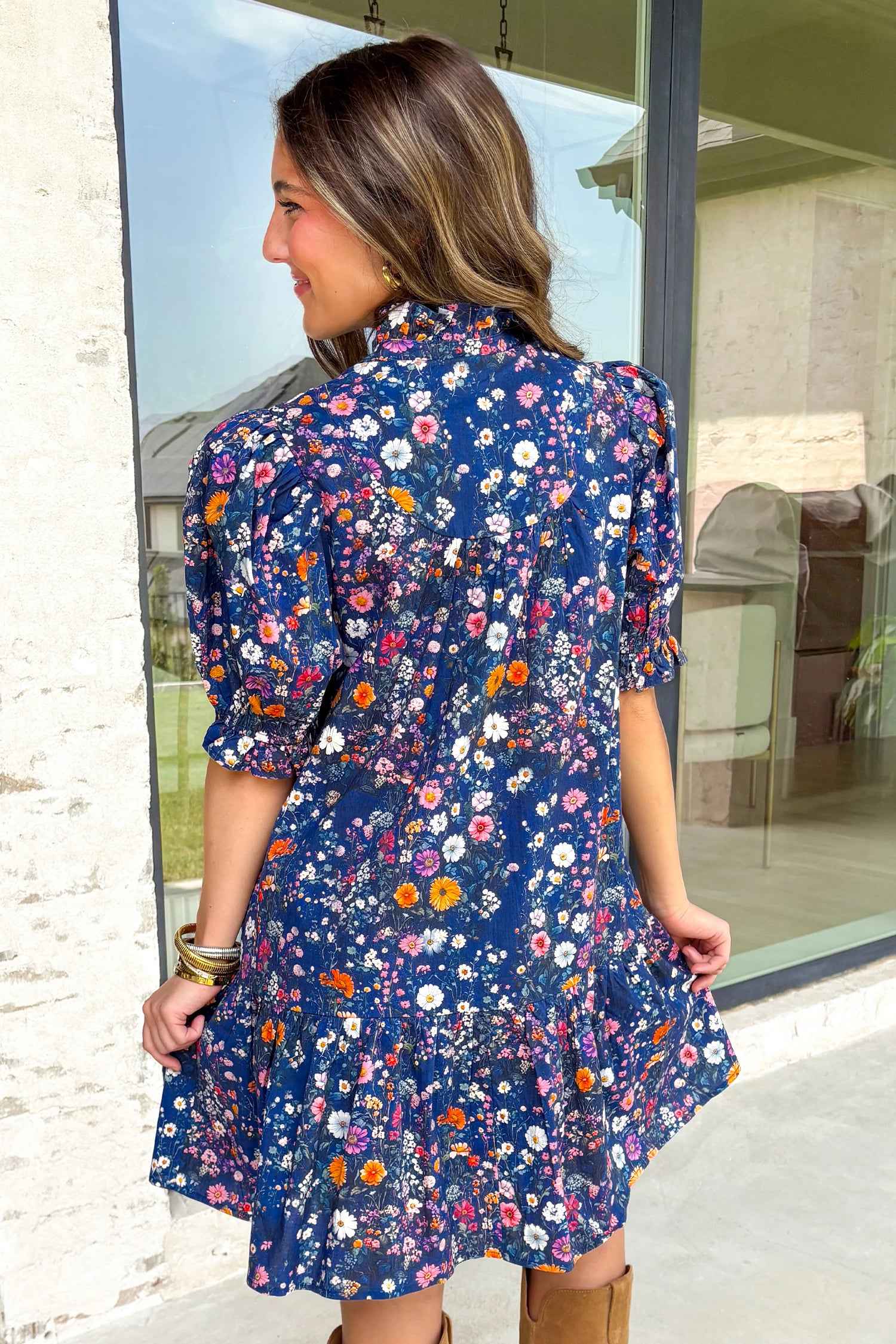 Blue Wild Daisy Floral Split Neck Short Puff Sleeve Mini Dress