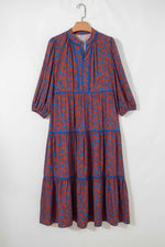 Brown 3/4 Puff Sleeve Tiered Loose Floral Dress