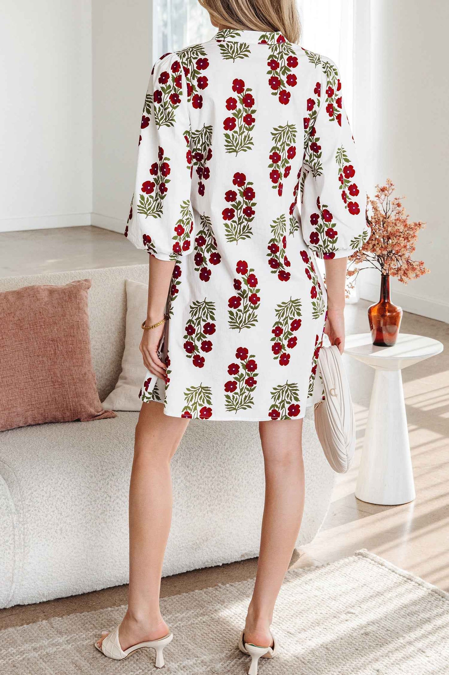 White Floral Print V Neck 3/4 Sleeve Loose Mini Dress