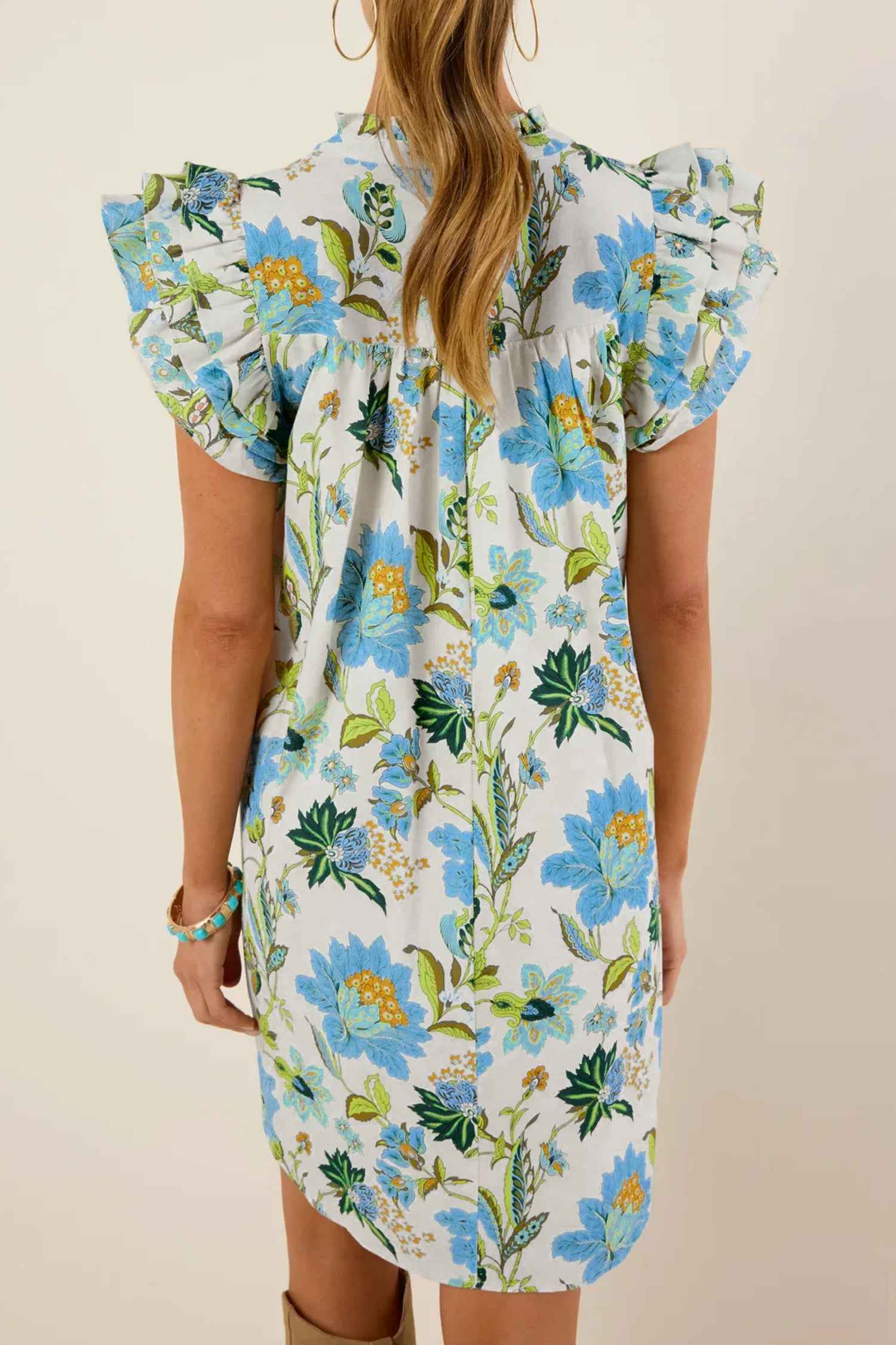 Beige Floral Print V Neck Triple Ruffle Short Sleeve Shift Mini Dress