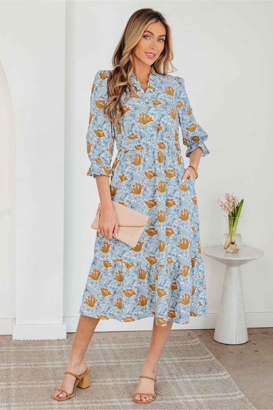 Brown Floral Printed Frilled V Neck Bracelet Sleeve Long Dress