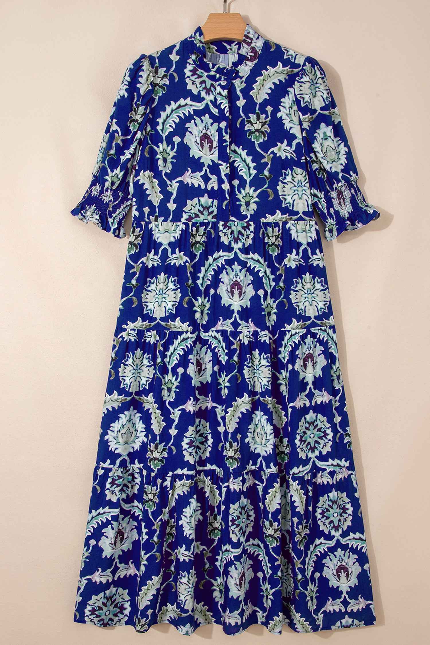 Blue Wild Floral Print Frilled Collar Half Sleeve Long Dress