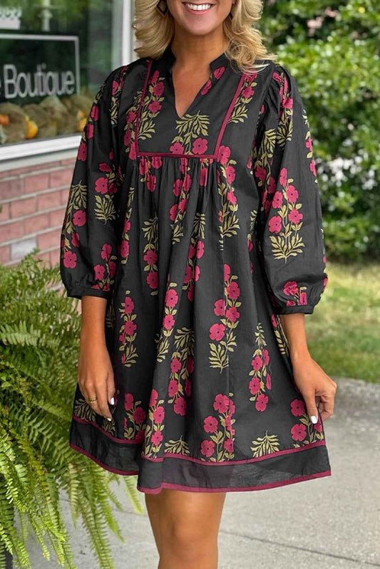Black Floral Print Notched Neck Piping Trim Bracelet Sleeve Babydoll Dress