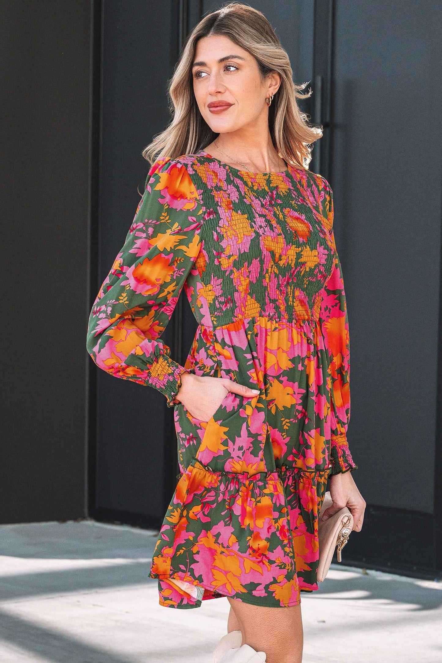 Multicolour Floral Print Long Sleeve Smocked Ruffled Mini Dress