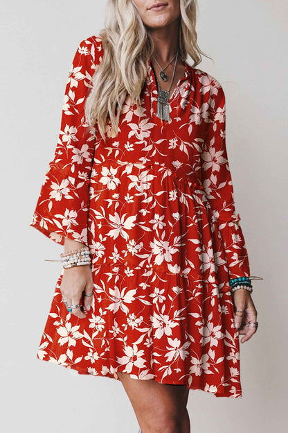 Red Boho Floral Print Lettuce Trim 3/4 Sleeve Mini Dress