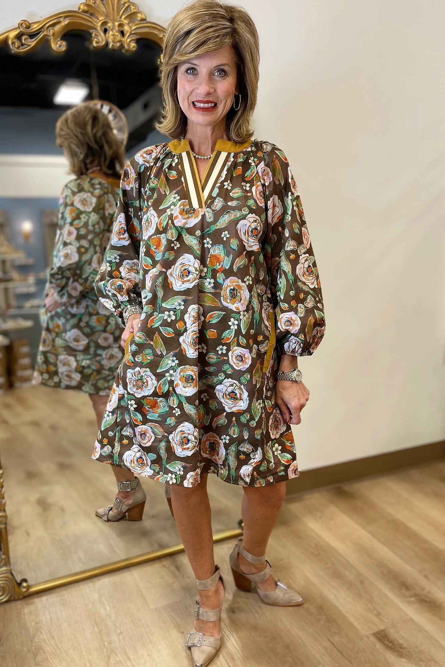 Brown Floral Print Contrast Trim V Neck Pocketed Long Sleeve Mini Dress