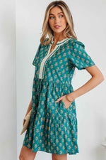 Green Contrast Trim V Neck Short Sleeve Floral Dress