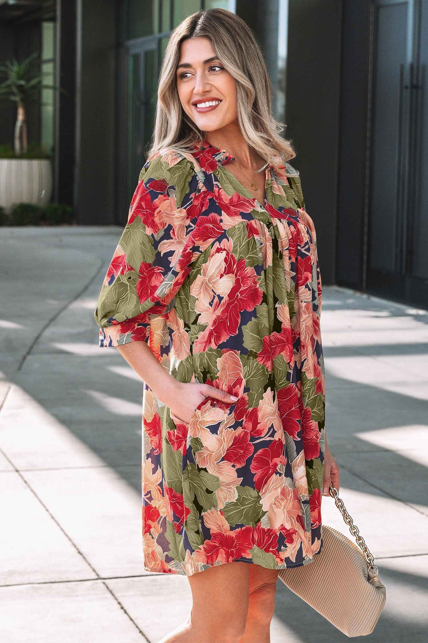 Green Floral Print Frilled Collar V Neck Half Sleeve Mini Dress
