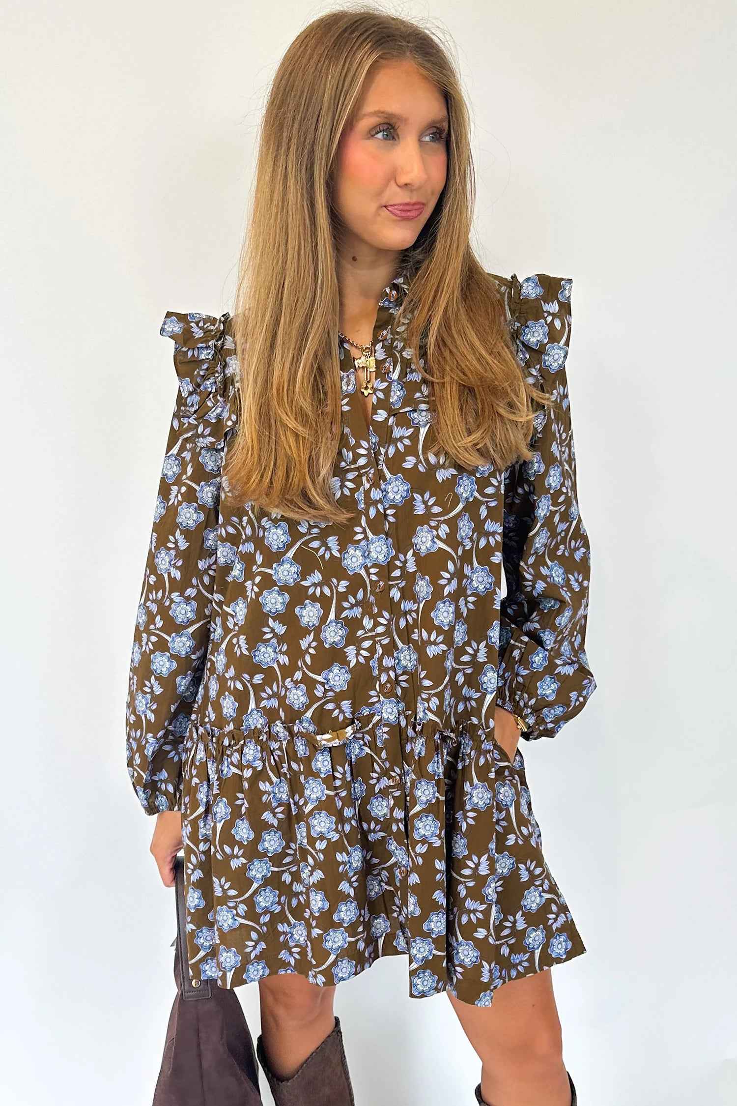 Brown Floral Print Ruffled Detail Shirt Collar Button Down Long Sleeve Dress
