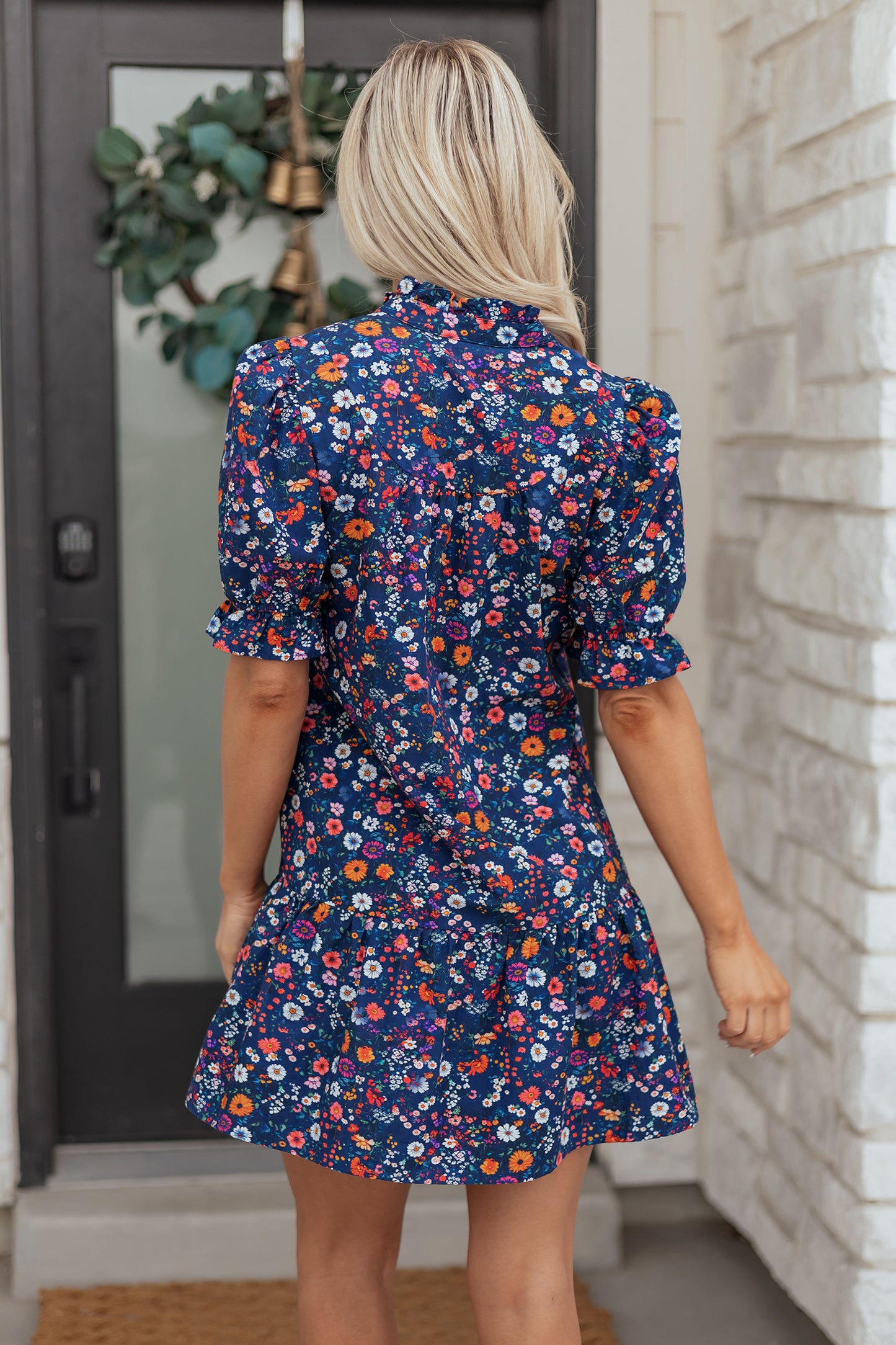 Blue Wild Daisy Floral Split Neck Short Puff Sleeve Mini Dress - MarkoFit