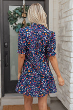 Blue Wild Daisy Floral Split Neck Short Puff Sleeve Mini Dress - MarkoFit
