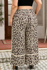 Khaki Exposed Seam Patched Pocket Plus Size Drawstring Leopard Wide Leg Pants - MarkoFit