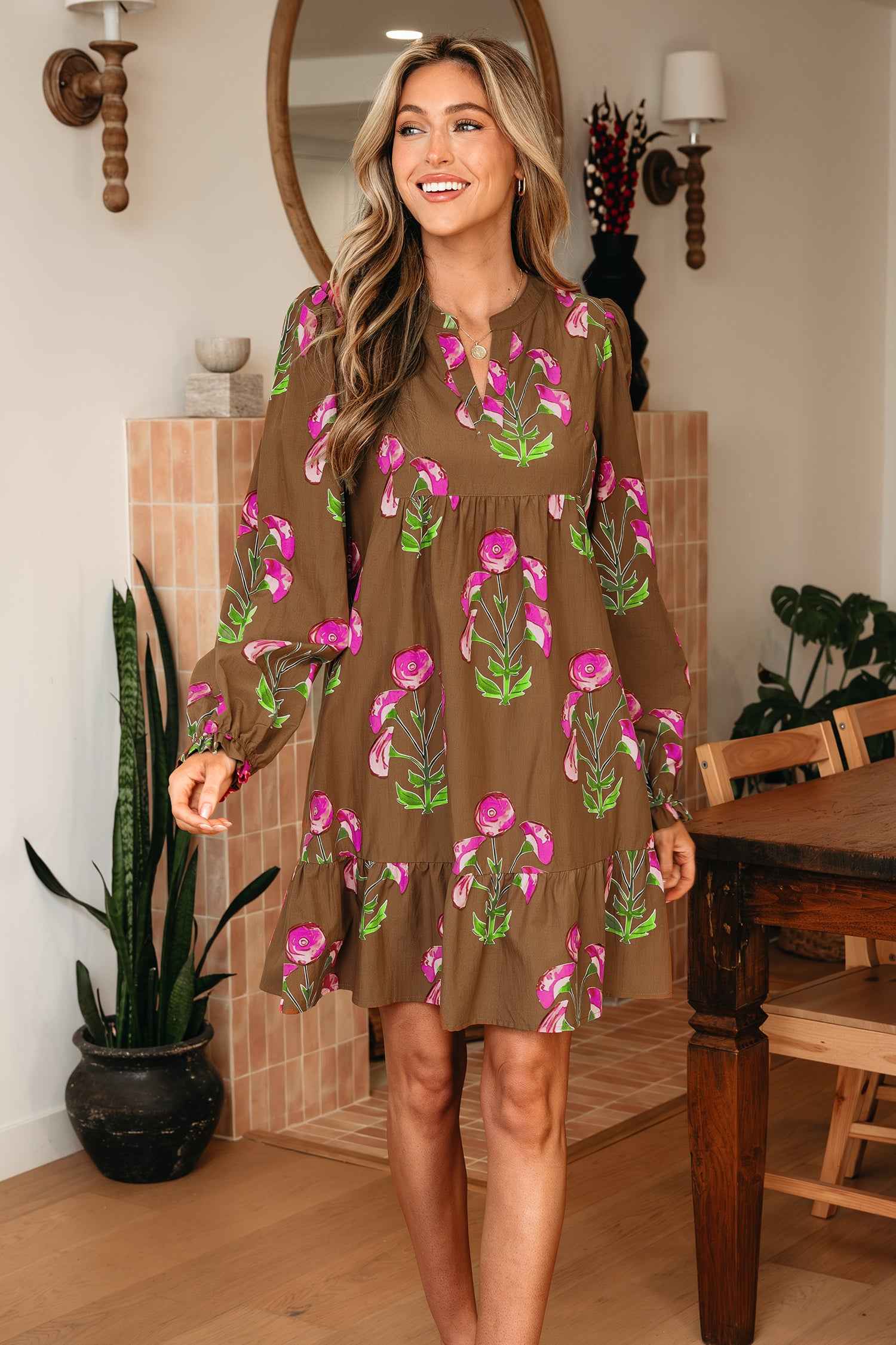 Brown Contrast Floral Print Babydoll Tunic Ruffled Hem Puff Sleeve Dress