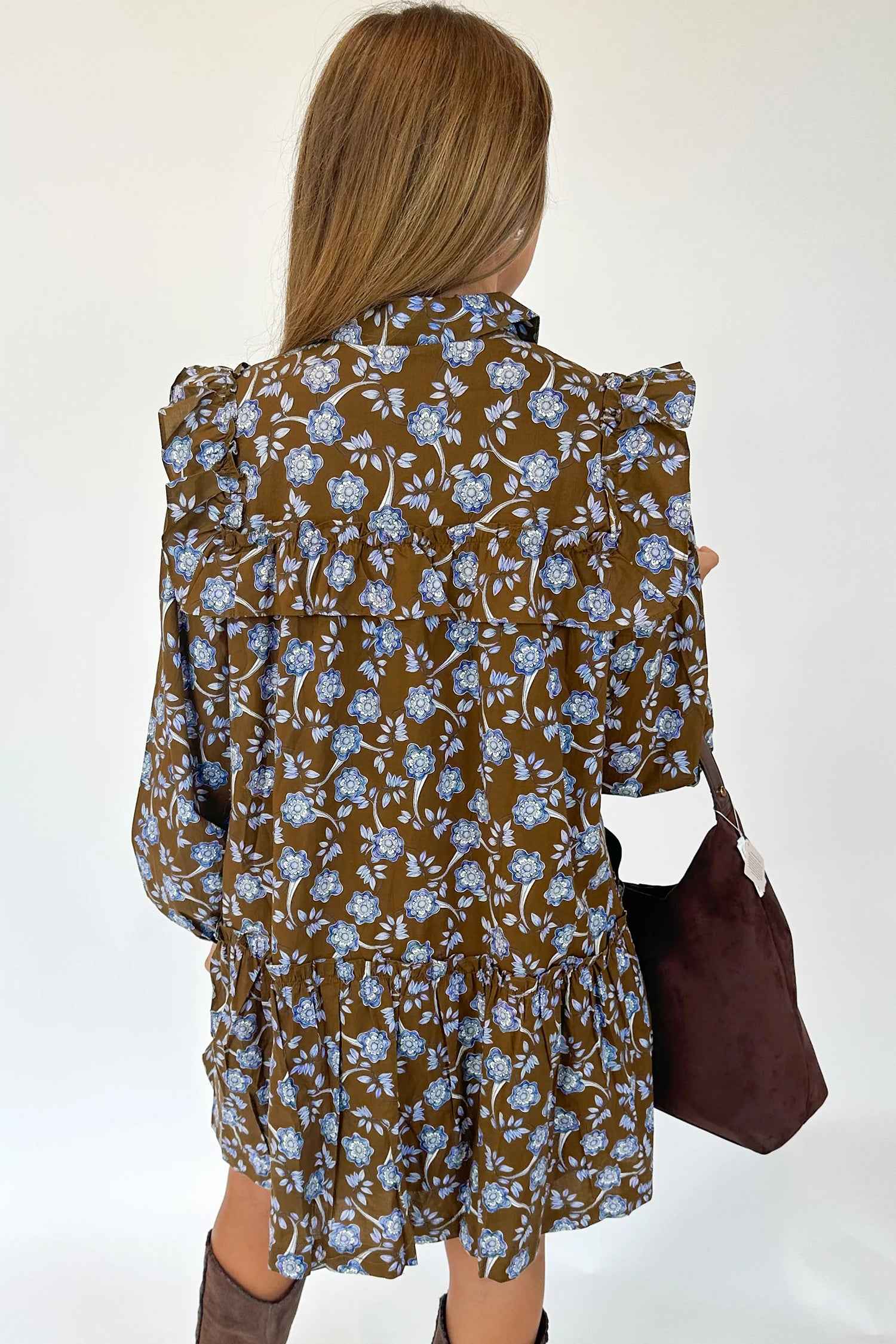 Brown Floral Print Ruffled Detail Shirt Collar Button Down Long Sleeve Dress