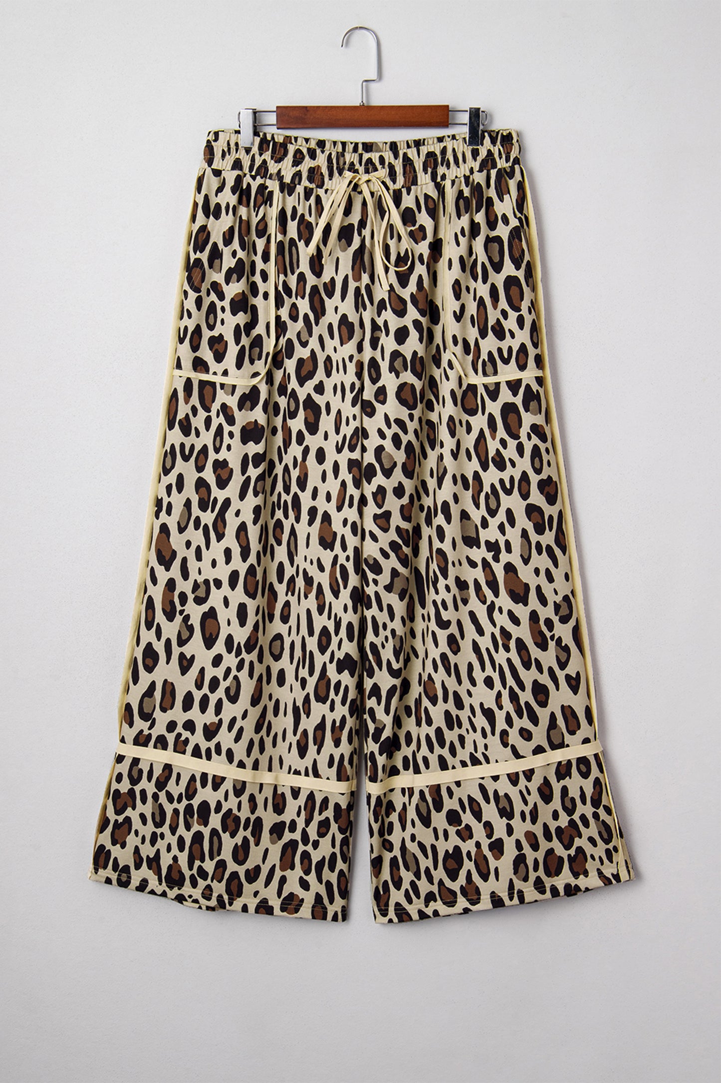 Khaki Exposed Seam Patched Pocket Plus Size Drawstring Leopard Wide Leg Pants - MarkoFit