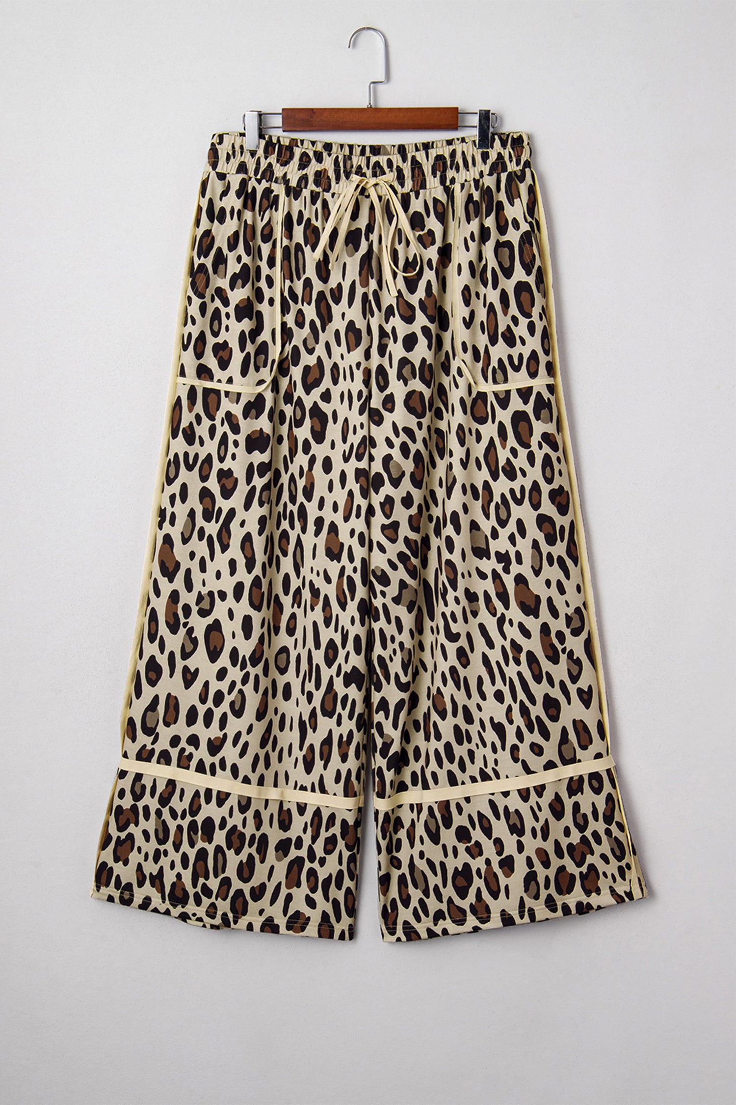 Khaki Exposed Seam Patched Pocket Plus Size Drawstring Leopard Wide Leg Pants - MarkoFit