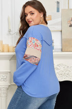 Blue Exposed Seam Floral Mixed Patchwork Relaxed Plus Size Sweatshirt - MarkoFit