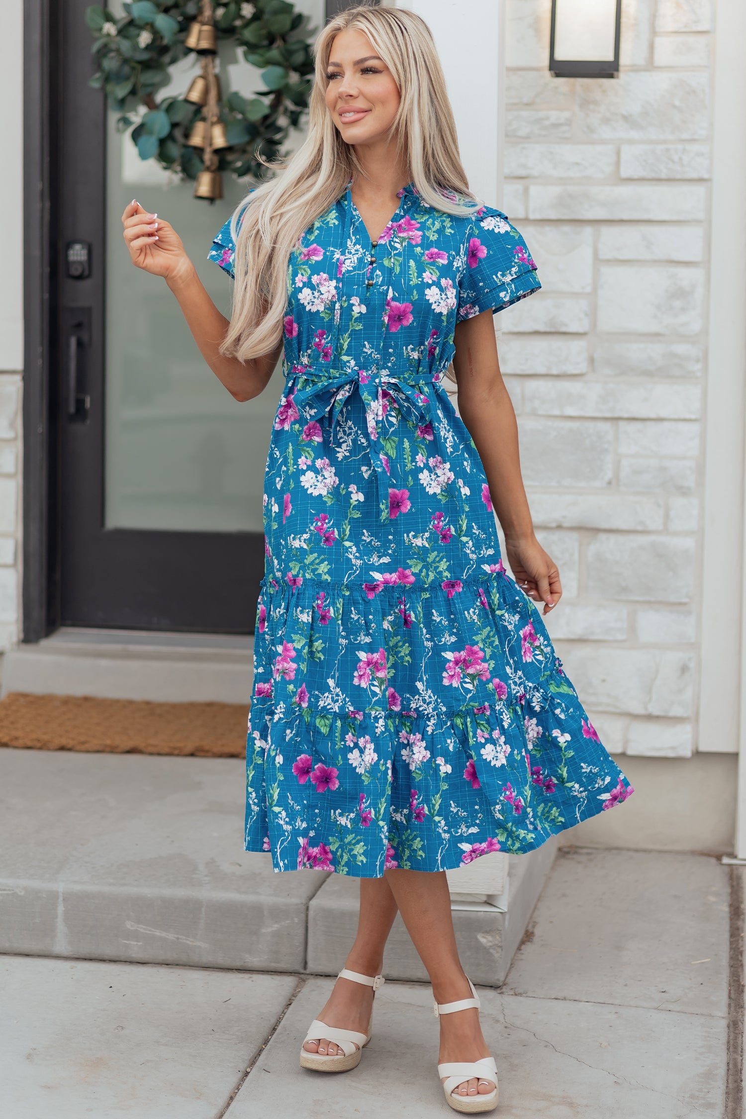 Blue Floral Flutter Sleeve Button Tie Split Neck Belted Long Dress - MarkoFit