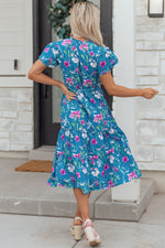 Blue Floral Flutter Sleeve Button Tie Split Neck Belted Long Dress - MarkoFit