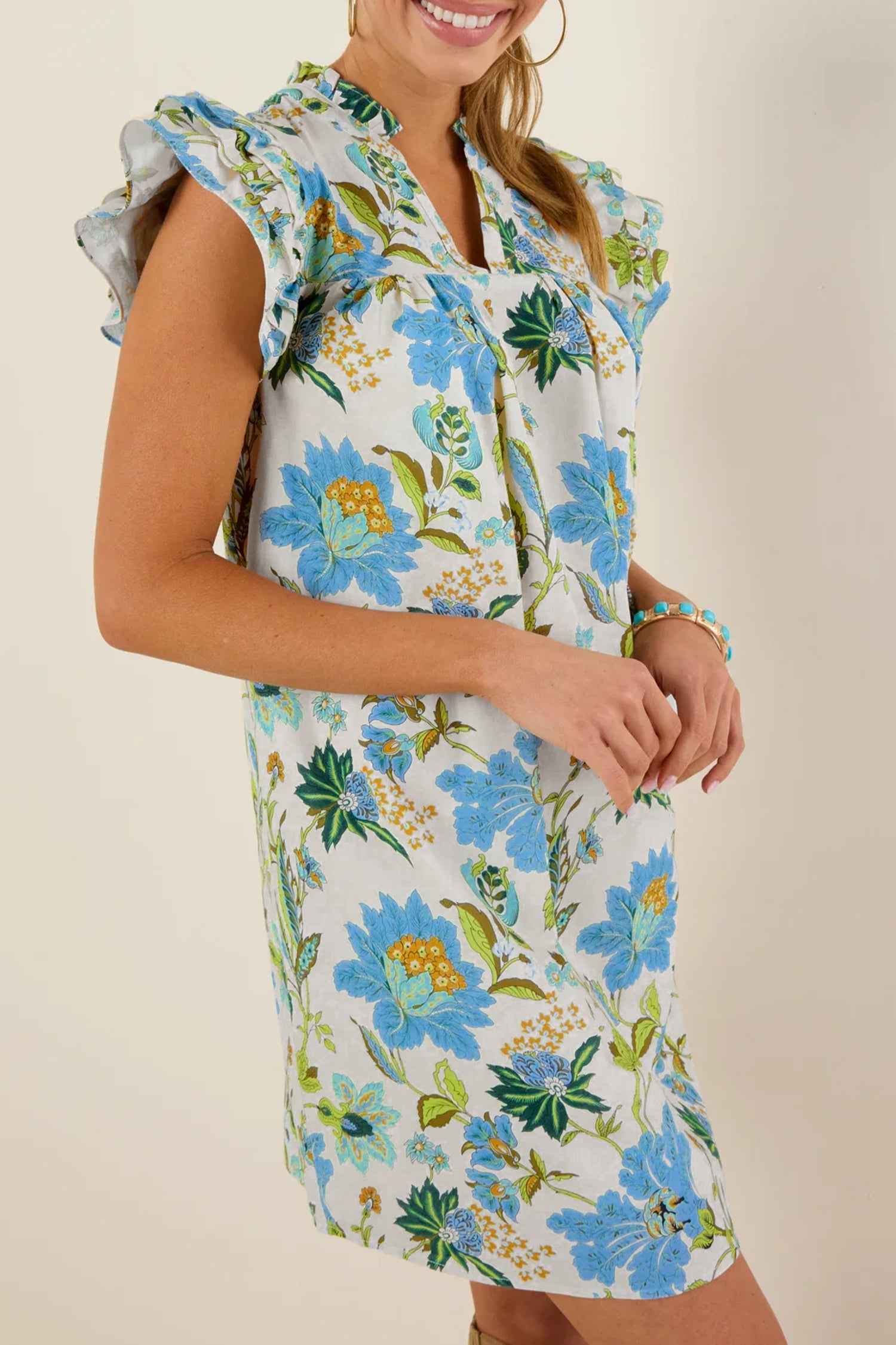 Beige Floral Print V Neck Triple Ruffle Short Sleeve Shift Mini Dress