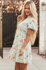 Beige Floral Print Shirred High Waist Puff Sleeve Mini Dress - MarkoFit