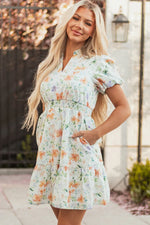 Beige Floral Print Shirred High Waist Puff Sleeve Mini Dress - MarkoFit