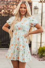Beige Floral Print Shirred High Waist Puff Sleeve Mini Dress - MarkoFit