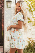 Beige Floral Print Shirred High Waist Puff Sleeve Mini Dress - MarkoFit