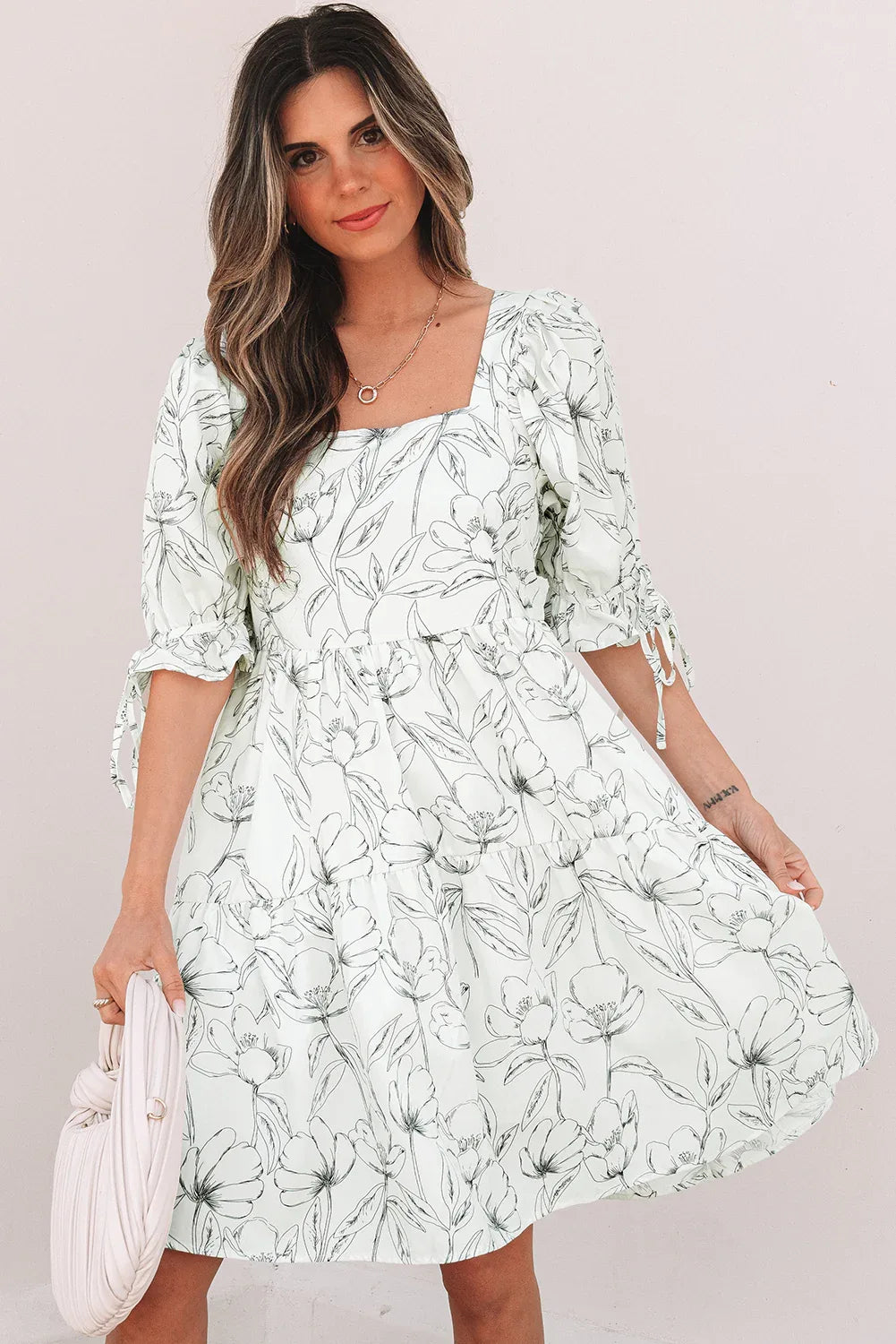 Beige Floral Print Square Neck Shirred Back Puff Sleeve Mini Dress - MarkoFit